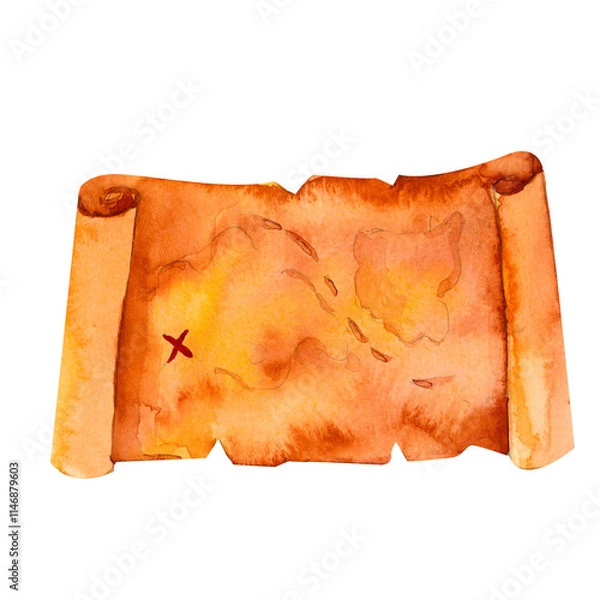 Obraz Watercolor treasure map, showcasing an adventurous route, mysterious symbols, and a marked spot with an "X." Illustration perfect for pirate-themed activities, games, or party decor for children.