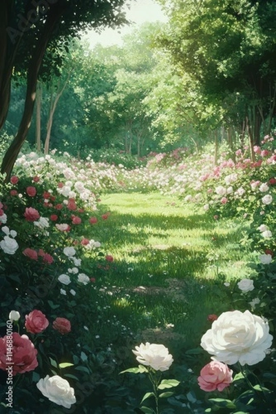 Fototapeta Beautiful red flowers bloom in the spring garden, attracting bees and butterflies along the winding path