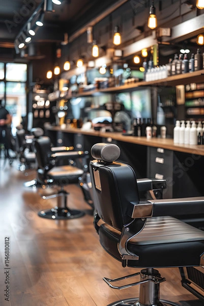 Fototapeta barber shop scene, a skilled barber effortlessly styling a clients hair in a vibrant barber shop, surrounded by an array of grooming tools