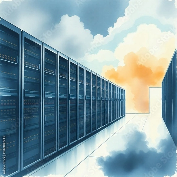 Obraz A Modern Enterprise Data Center With Rows of Servers and Glowing Lights, Showcasing Advanced Technology and IT Infrastructure.