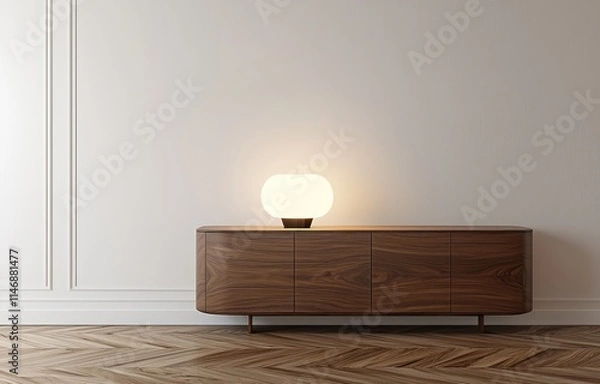 Obraz A stylish modern living room showcasing a sleek wood sideboard with a soft-lit lamp on top, placed against a white wall The rich wooden floor adds depth to the contemporary design