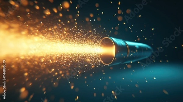 Fototapeta Dynamic close-up view of a vivid bullet projectile shooting through dark space, leaving a trail of glowing particles and sparks in its wake, symbolizing speed and motion.