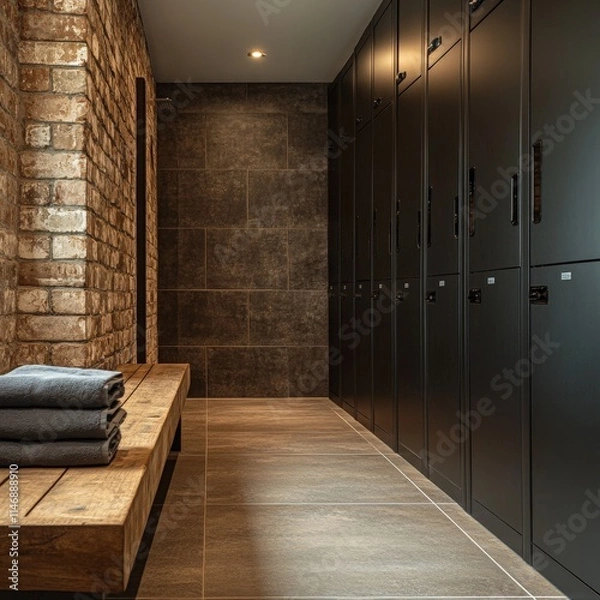 Fototapeta Modern gym locker room with neat folded towels