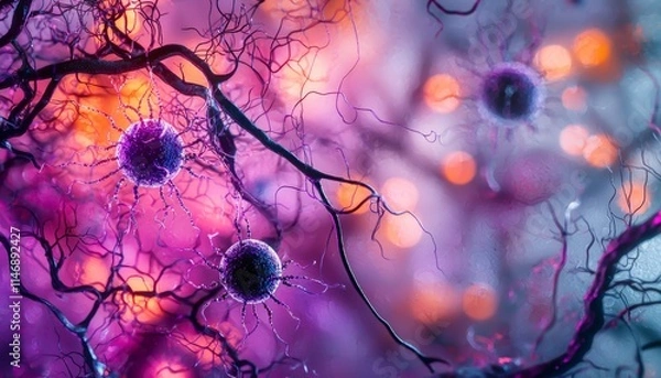 Fototapeta A vibrant close-up of neural connections, showcasing intricate patterns and glowing elements, representing the complexity of the nervous system.