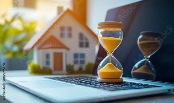 Obraz An hourglass on a laptop with a house model, symbolizing time management in real estate.