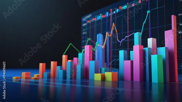 Fototapeta Hand touching graphs of financial indicator market analysis chart Bright bars on a colorful geometric background a modern abstract representation of growth and progress