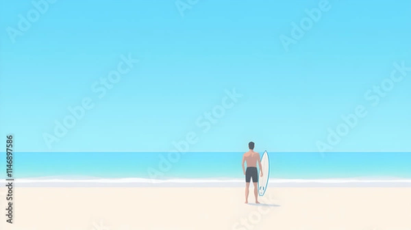 Fototapeta A flat design of a person enjoying a day at the beach with a surfboard, symbolizing outdoor leisure. Beach and surfboard design.