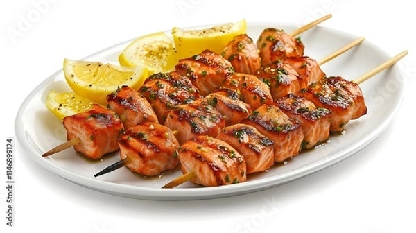 Obraz A plate of grilled salmon skewers with a citrus glaze, served with lemon wedges, grilled salmon skewers, seafood barbecue.