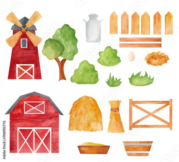 Obraz Set of watercolor farm illustrations featuring a red barn, windmill, trees, bushes, harvest bundles, wooden fences, and rustic agricultural tools. Perfect for rural-themed countryside decor