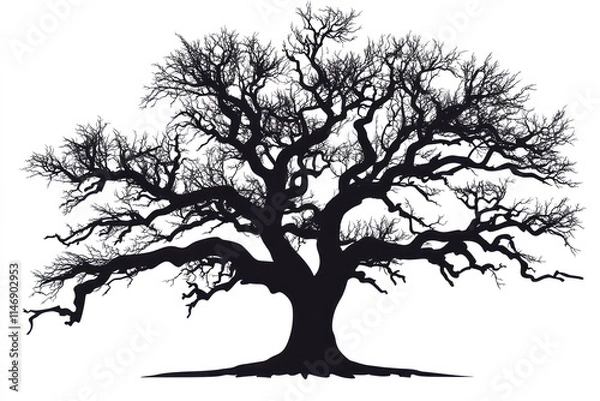 Fototapeta Silhouette of a large, leafless tree with sprawling branches against a white background.