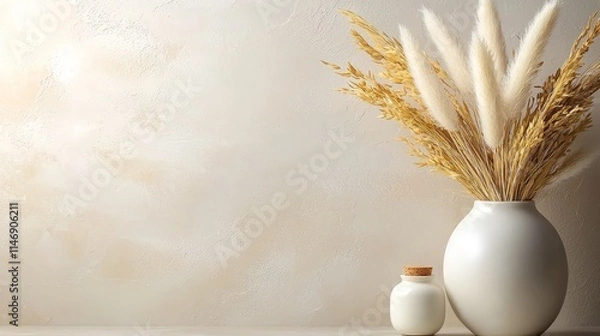 Fototapeta A vase with a bunch of dried grass in it next to a jar