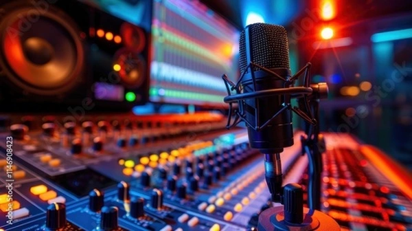 Obraz Studio Recording Session: Microphone and Mixing Console