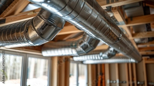 Fototapeta HVAC System Installation: Flexible Ductwork in a New Home Construction