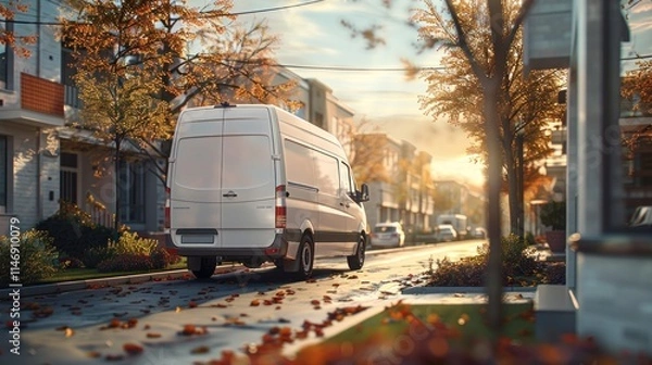 Fototapeta White delivery van driving down a quiet, tree-lined suburban street in autumn, leaves scattered on the road, warm sunset glow