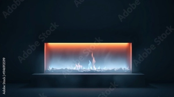 Fototapeta Sleek modern electric fireplace with a gentle flame and soft ambient lighting in a dark room