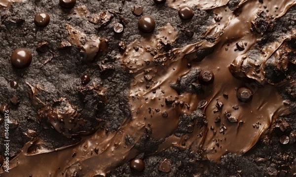 Fototapeta Dense layers of chocolate textures in abstract forms, with cocoa accents and scattered chocolate chips on a mocha canvas.