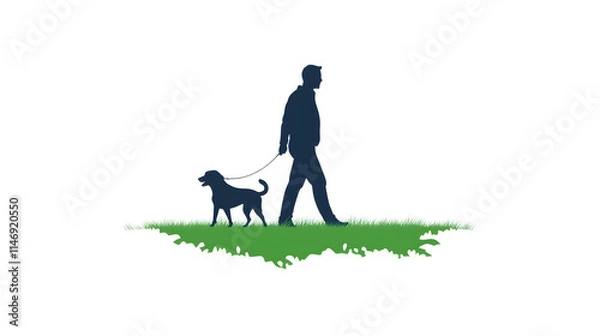 Fototapeta A minimalist design of a person with a dog on a walk in the park, symbolizing companionship and outdoor activities. Walk in park with dog.