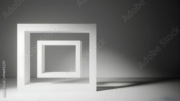 Fototapeta Three nested white squares casting shadows in a minimalistic setting.