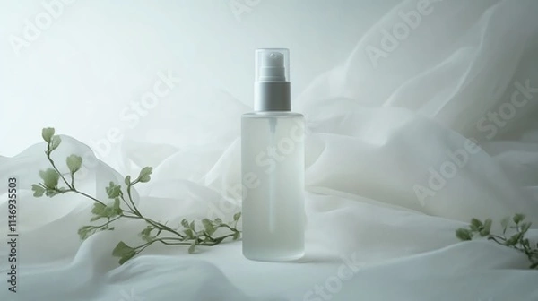 Fototapeta Minimalist spray bottle surrounded by soft fabric and delicate foliage.