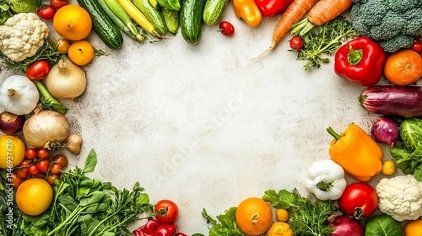 Fototapeta A vibrant assortment of fresh vegetables and fruits forming a circular border on a rustic surface, perfect for healthy eating concepts.