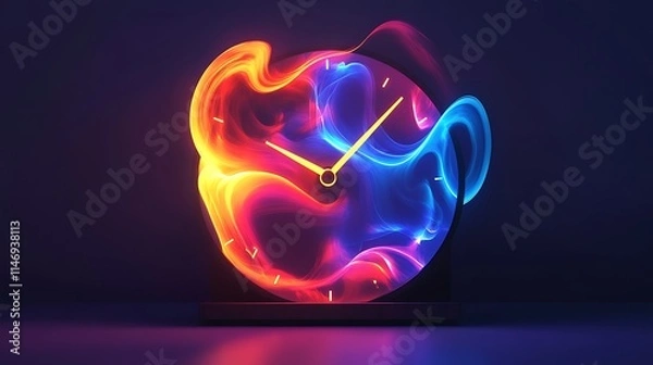 Fototapeta A Surreal Clock Glowing with Vibrant Swirling Colors, Floating in a Dreamlike Cosmic Space, Surrounded by Ethereal Light Trails and Mystical Time Symbols, Creating a Futuristic and Whimsical Atmospher