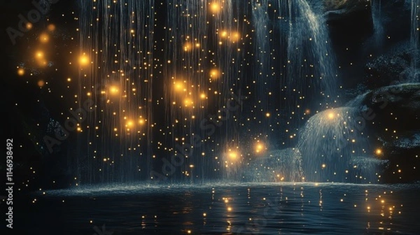 Obraz Enchanting waterfall illuminated by sparkling lights at night.