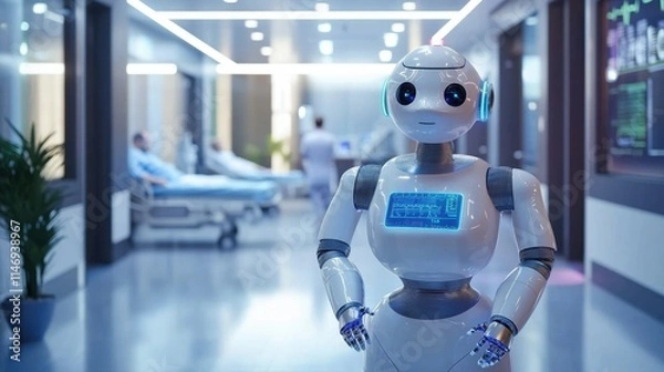 Fototapeta Advanced Robot Assisting Patients in a Futuristic Healthcare Environment with Modern Technology