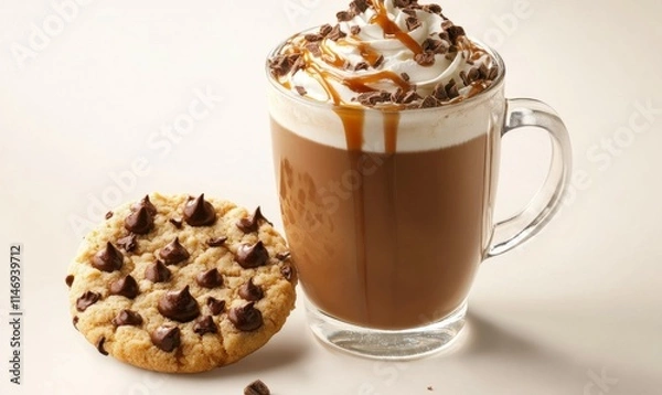 Fototapeta Hot mocha latte topped with whipped cream and caramel swirl, paired with a chocolate cookie. .