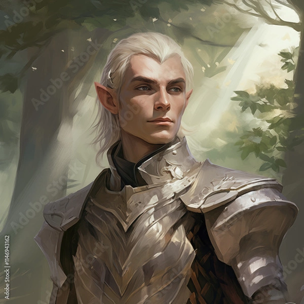 Fototapeta Portrait of a white-haired male elf warrior in a forest from a fantasy world.
