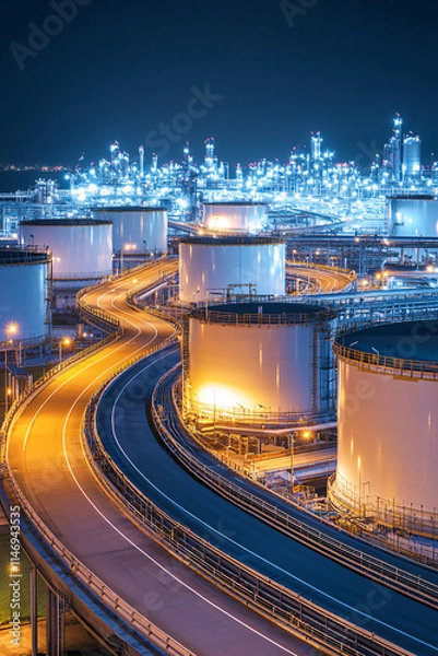 Fototapeta A detailed view of an oil refinery plant at dusk, showcasing intricate pipelines, tanks, and towers with crisp image clarity.