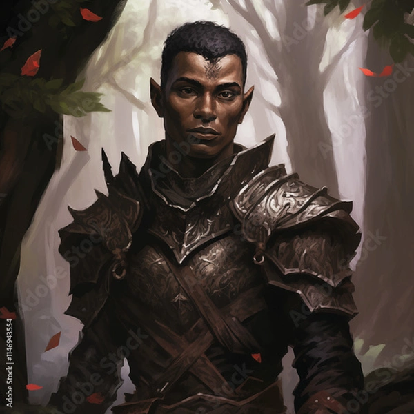 Fototapeta Portrait of a dark complexion male elf warrior in a forest from a fantasy world.