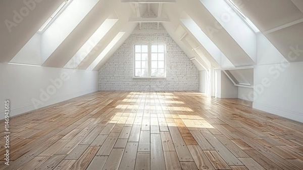 Fototapeta Bright and Airy Attic Conversion:  Spacious Loft with Wooden Floors and Skylights