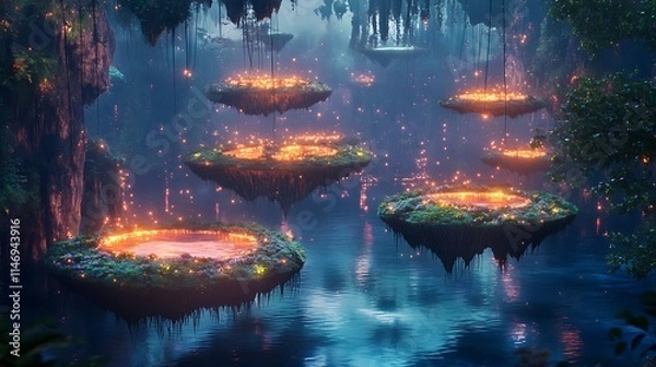Fototapeta A Surreal Landscape with Floating Islands, Suspended in a Dreamlike Sky, Adorned with Lush Greenery and Waterfalls Cascading into the Clouds, Bathed in Ethereal Light and a Mystical, Otherworldly Glow