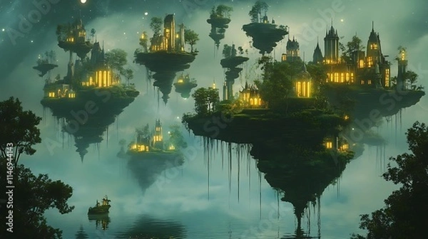 Fototapeta A Surreal Landscape with Floating Islands, Suspended in a Dreamlike Sky, Adorned with Lush Greenery and Waterfalls Cascading into the Clouds, Bathed in Ethereal Light and a Mystical, Otherworldly Glow