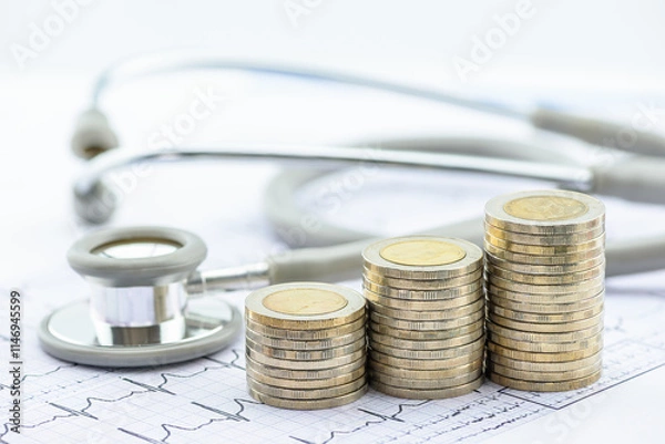 Fototapeta Healthcare economics : The cost of care and financial planning in medicine. A stethoscope resting beside stacks of coins on an electrocardiogram graph, depicting concepts of medical expenses, etc