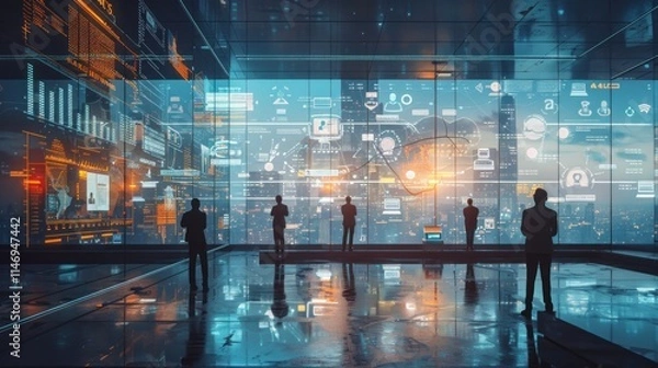 Fototapeta Futuristic Business Meeting: Data Visualization and Global Network
