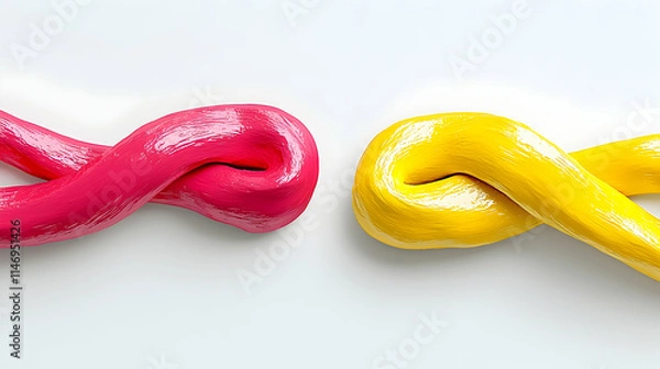 Fototapeta Two twisted strands of pink and yellow material on a white background.