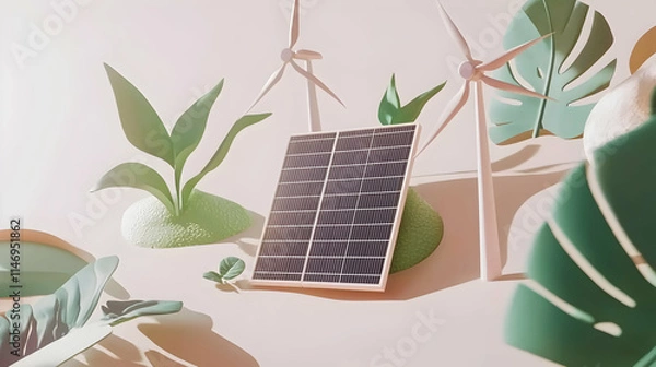 Fototapeta A stylized scene featuring solar panels and wind turbines amidst lush greenery.