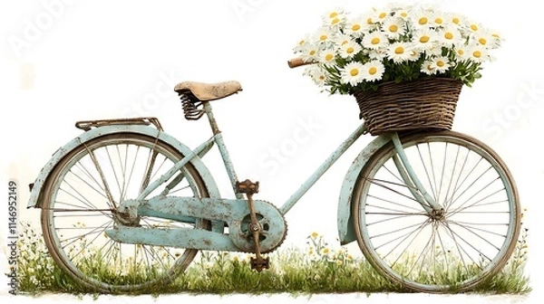 Fototapeta A Vintage Bicycle with a Basket of Oversized Flowers, Leaning Against a Wooden Fence, Surrounded by a Peaceful Garden, Bathed in Soft Morning Light, Evoking a Nostalgic and Whimsical Atmosphere with R