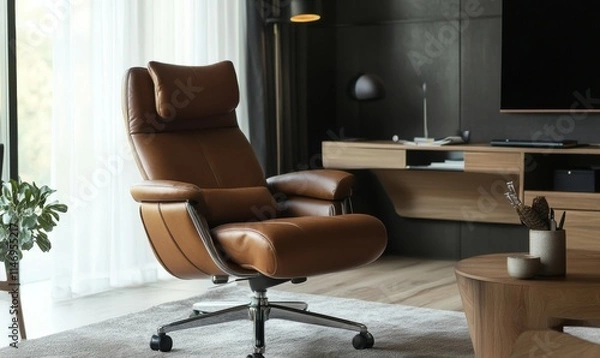Obraz Modern home office with mocha mousse accessories and an ergonomic chair for comfort.