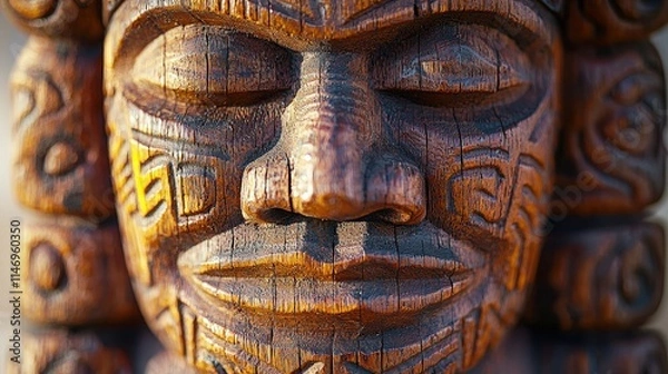 Fototapeta Intricate hawaiian tiki carving close-up with sunlight highlights