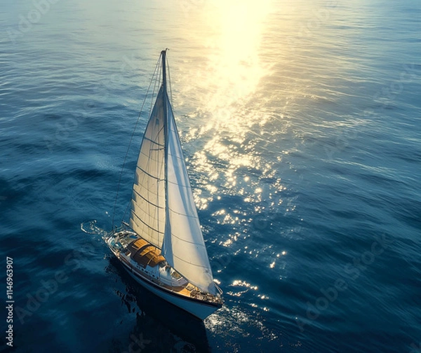 Fototapeta A yacht with white sails, top view, sails on the open sea
