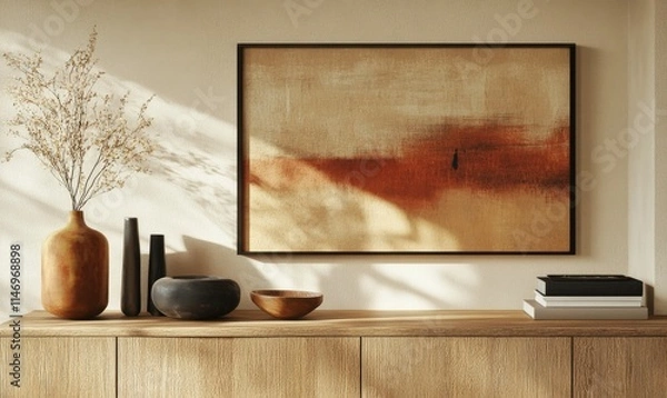 Fototapeta Wooden sideboard featuring a mocha mousse vase, abstract artwork, and curated home accents in warm tones.