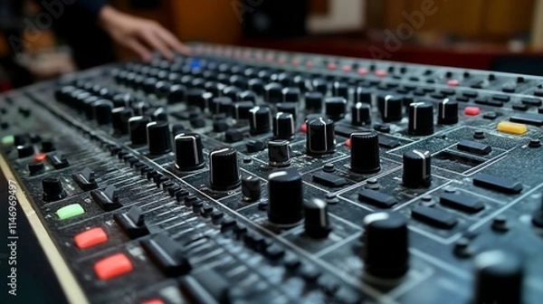 Fototapeta Close-up of an audio mixing console with numerous knobs and buttons.