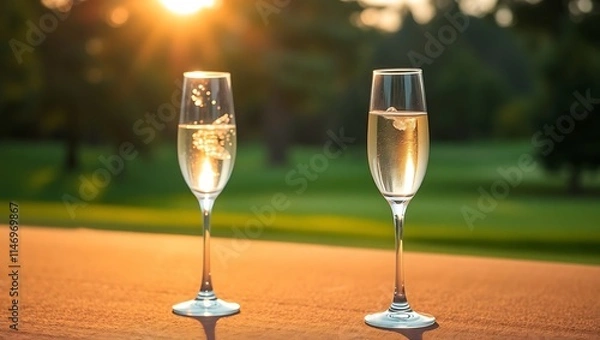 Fototapeta Champagne Flutes on Lush Golf Course at Sunset | Golden Glow & Bokeh Trees Background