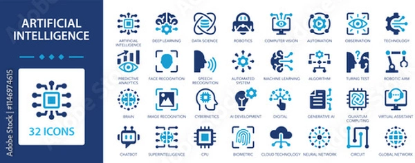 Obraz AI icon set. Artificial intelligence, machine learning, brain, robot, generative ai.