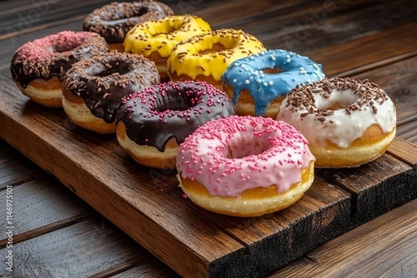 Fototapeta Vibrant and Colorful Doughnuts with Various Fillings on a Wooden Board. Real Photo. AI generated illustration