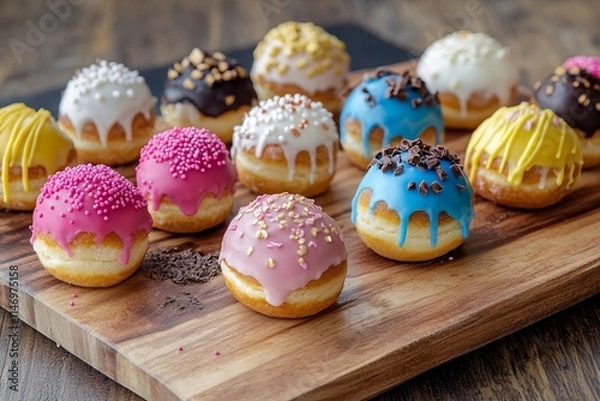 Fototapeta Vibrant and Colorful Doughnuts with Various Fillings on a Wooden Board. Real Photo. AI generated illustration