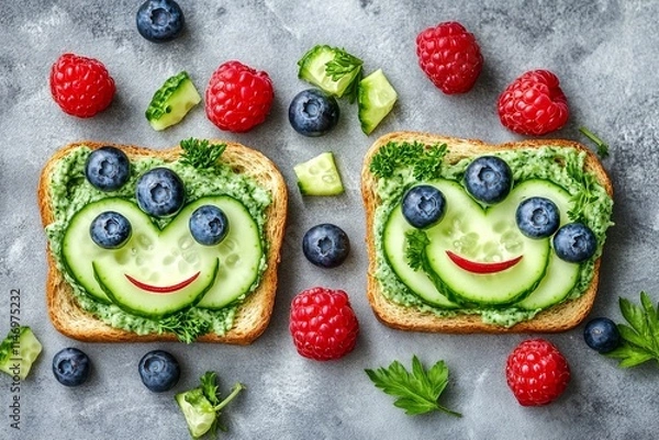 Fototapeta Vibrant Cucumber and Blueberry Toast with Herbs and Adorable Smiley Faces on Grey Background. AI generated illustration.
