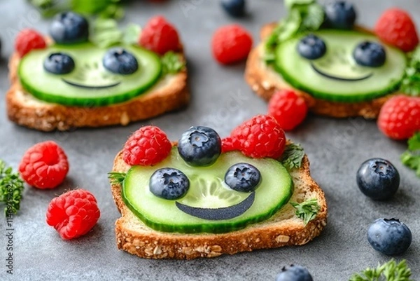 Fototapeta Vibrant Cucumber and Blueberry Toast with Herbs and Adorable Smiley Faces on Grey Background. AI generated illustration.